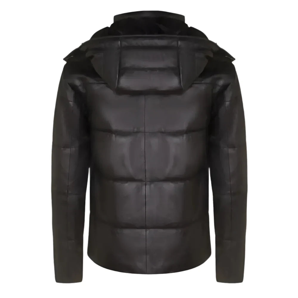Men’s Distressed Black Leather Hooded Puffer Jacket