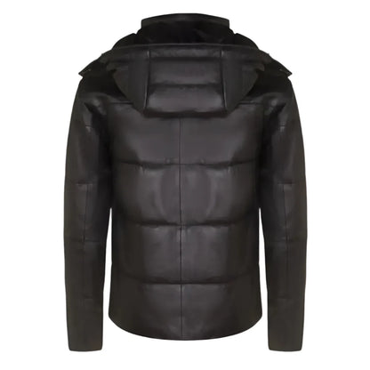 Men’s Distressed Black Leather Hooded Puffer Jacket