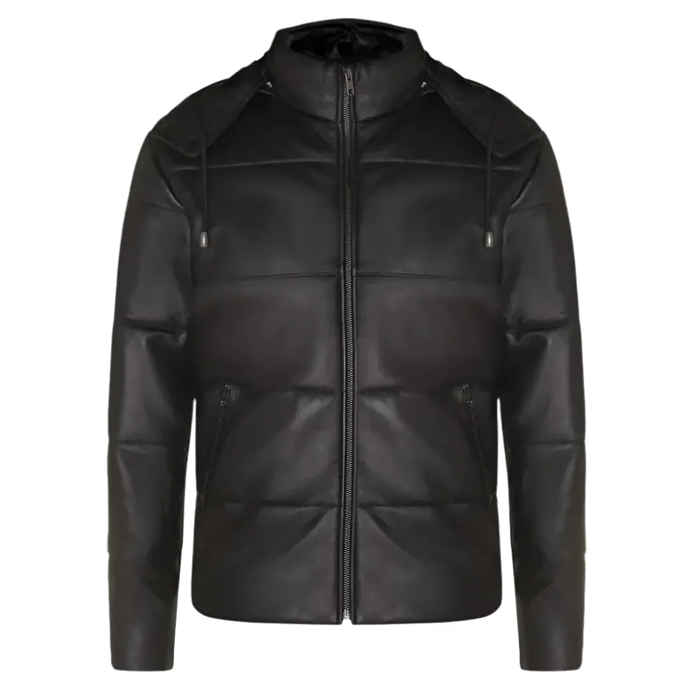 Men’s Distressed Black Leather Hooded Puffer Jacket