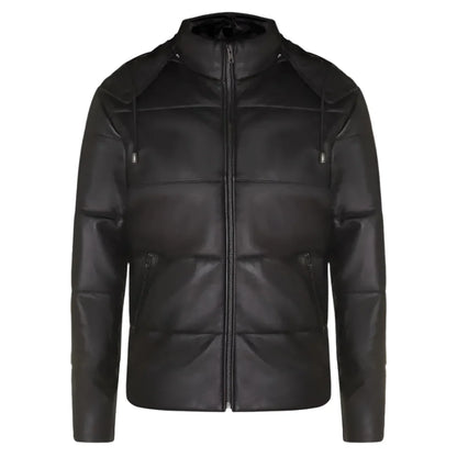 Men’s Distressed Black Leather Hooded Puffer Jacket