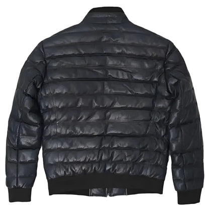 Men’s Black Leather Puffer Bomber Jacket