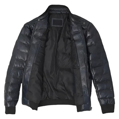 Men’s Black Leather Puffer Bomber Jacket