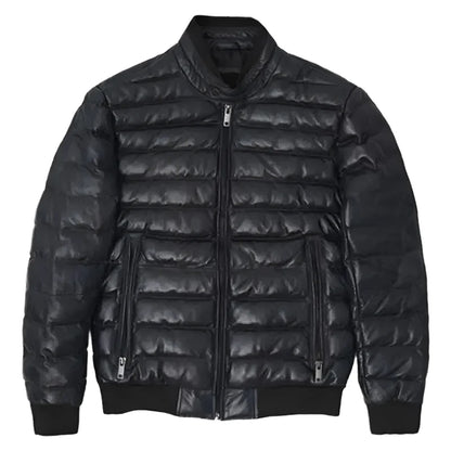 Men’s Black Leather Puffer Bomber Jacket