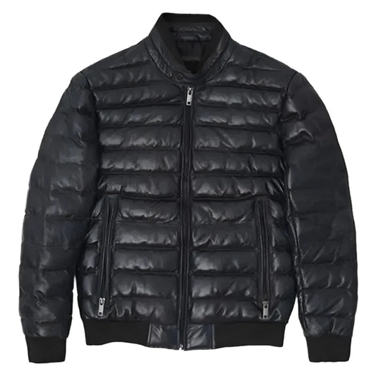 Men’s Black Leather Puffer Bomber Jacket