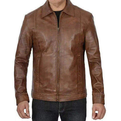 Men’s Distressed Brown Cafe Racer Jacket