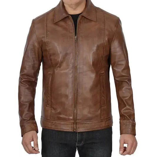 Men’s Distressed Brown Cafe Racer Jacket