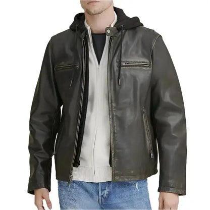Mens Hooded Biker Leather Jacket