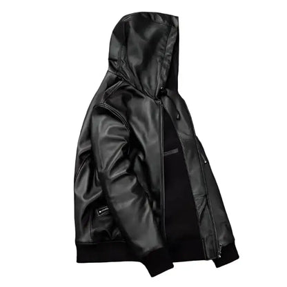 Men’s Black Hooded Leather Jacket