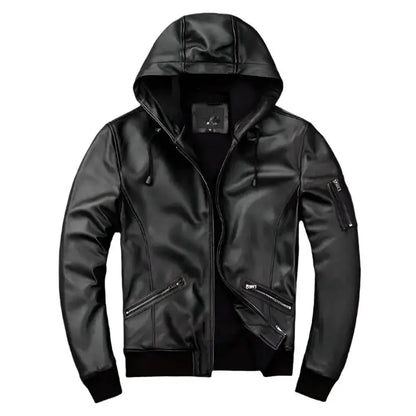 Men’s Black Hooded Leather Jacket