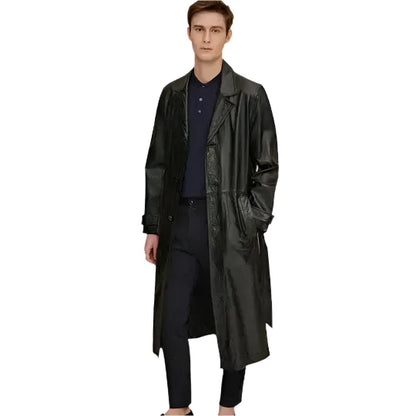 Men's Retro Vintage Leather Long Trench Coat