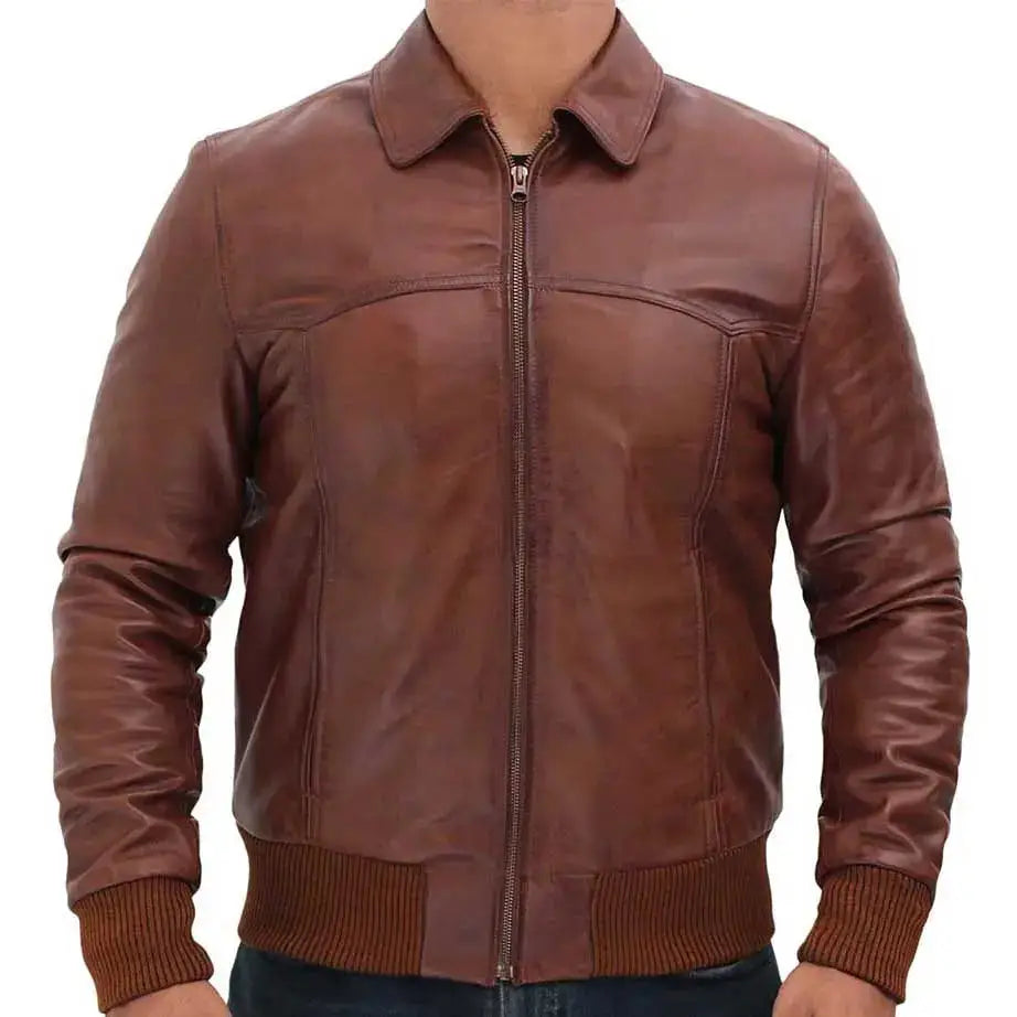 Mens Vintage Brown Leather Bomber Jacket