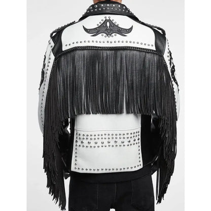 Men's Black & White Studded Cowboy Leather Jacket