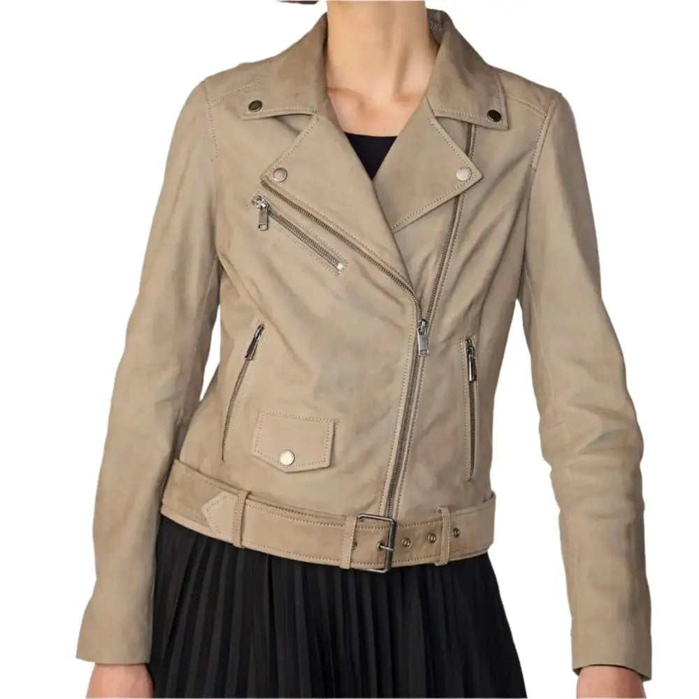 Women’s Tan Beige Suede Biker Jacket