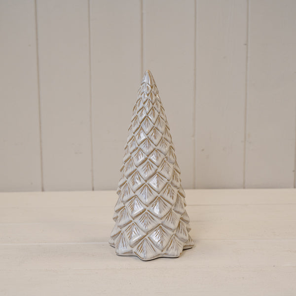 22cm stone-glazed ceramic pinecone Christmas tree on a white shelf