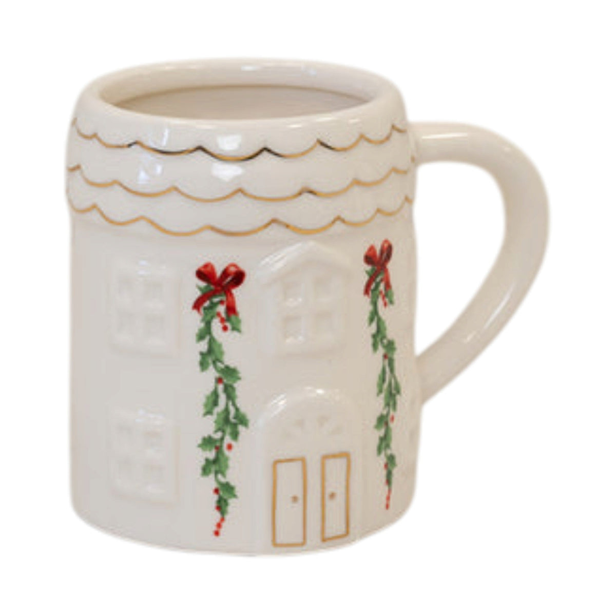 White ceramic Christmas house mug with holly garlands, red bows and gold trim