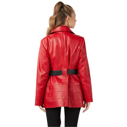 Women's Red Leather Trench Coat