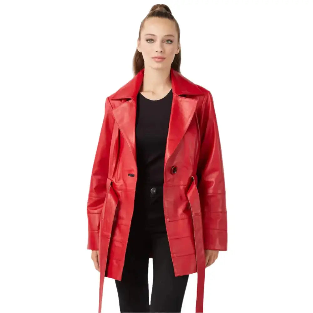 Women's Red Leather Trench Coat