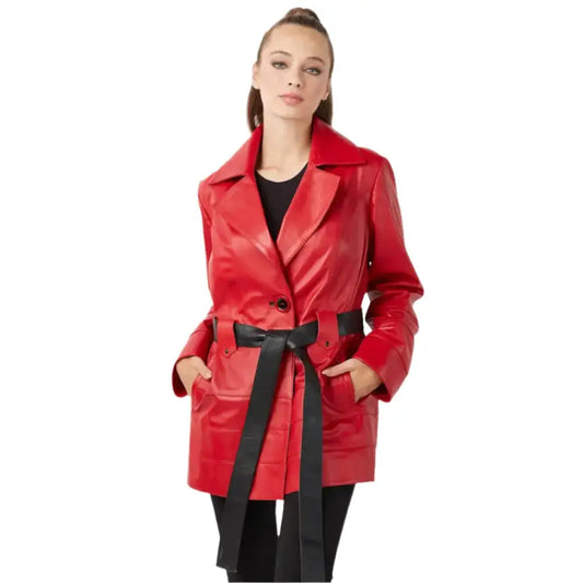 Women's Red Leather Trench Coat