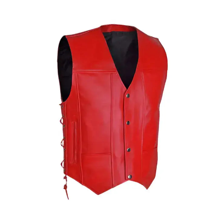 Men’s Red Motorcycle Biker Vest – Cowhide Leather