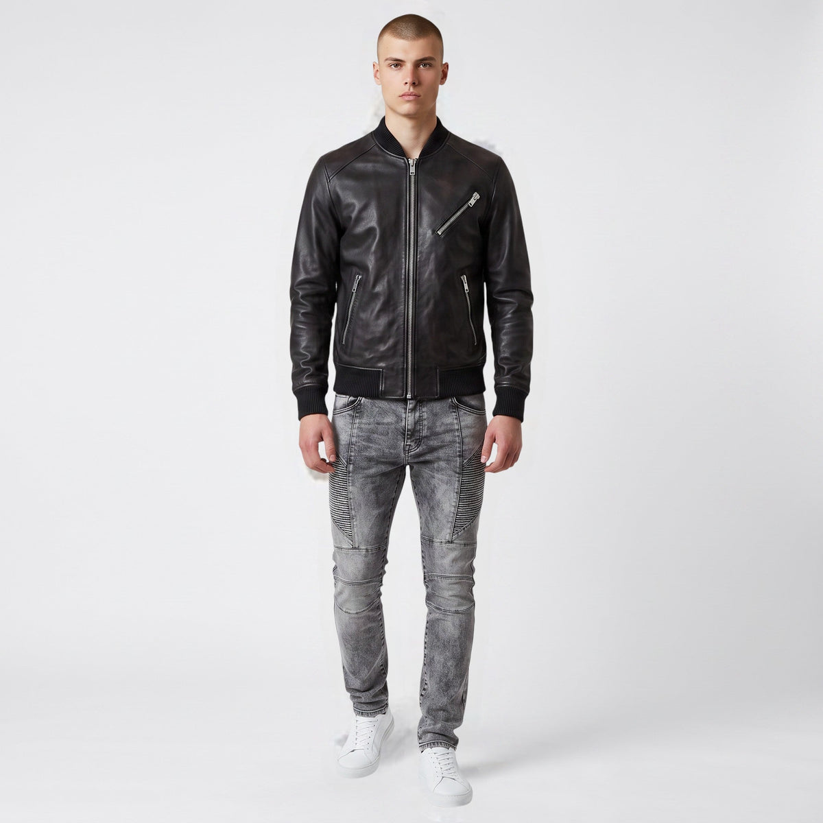 Men’s Black Leather Bomber Jacket