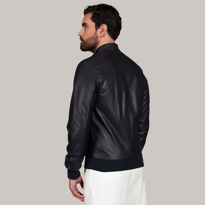 Men’s Blue Leather Bomber Jacket