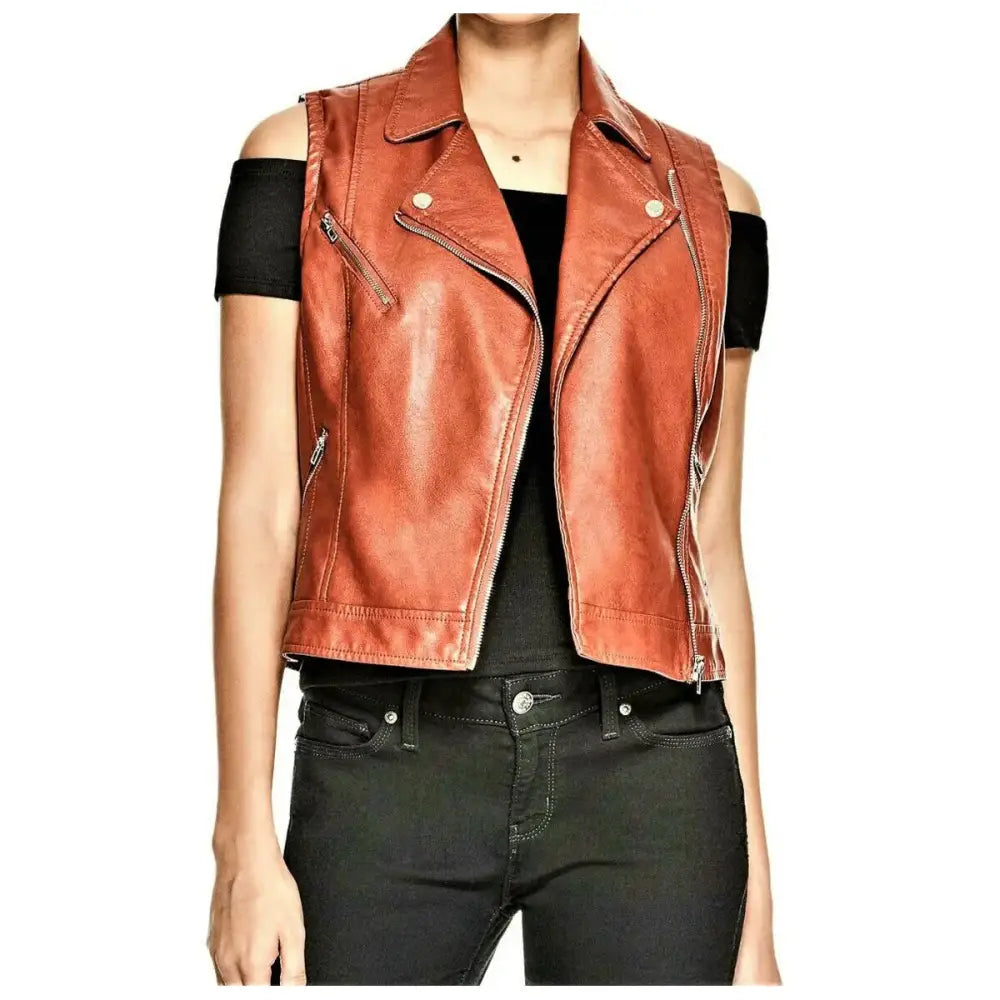 Women's Rust Brown Genuine Leather Motorcycle Vest