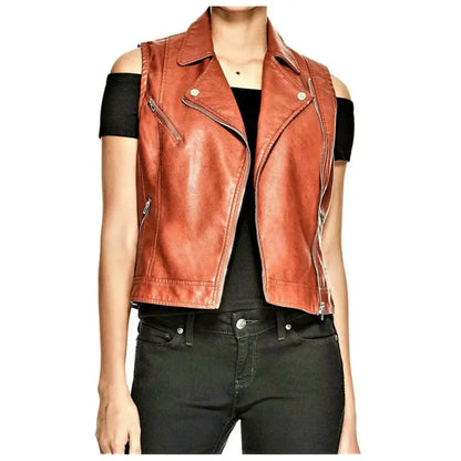 Women's Rust Brown Genuine Leather Motorcycle Vest