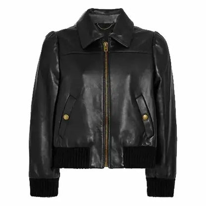Women’s Black Short Leather Bomber Jacket