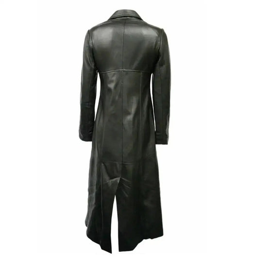Women’s Genuine Black Leather Long Trench Overcoat