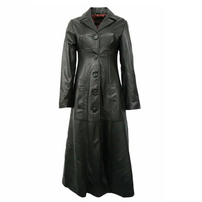 Women’s Genuine Black Leather Long Trench Overcoat