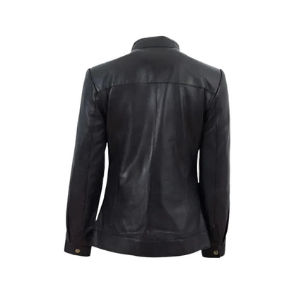 Women’s Black Band Collar Biker Leather Jacket