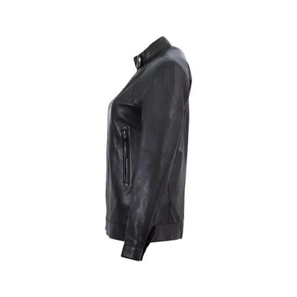 Women’s Black Band Collar Biker Leather Jacket
