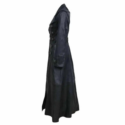 Women's Black Leather Military Trench Coat