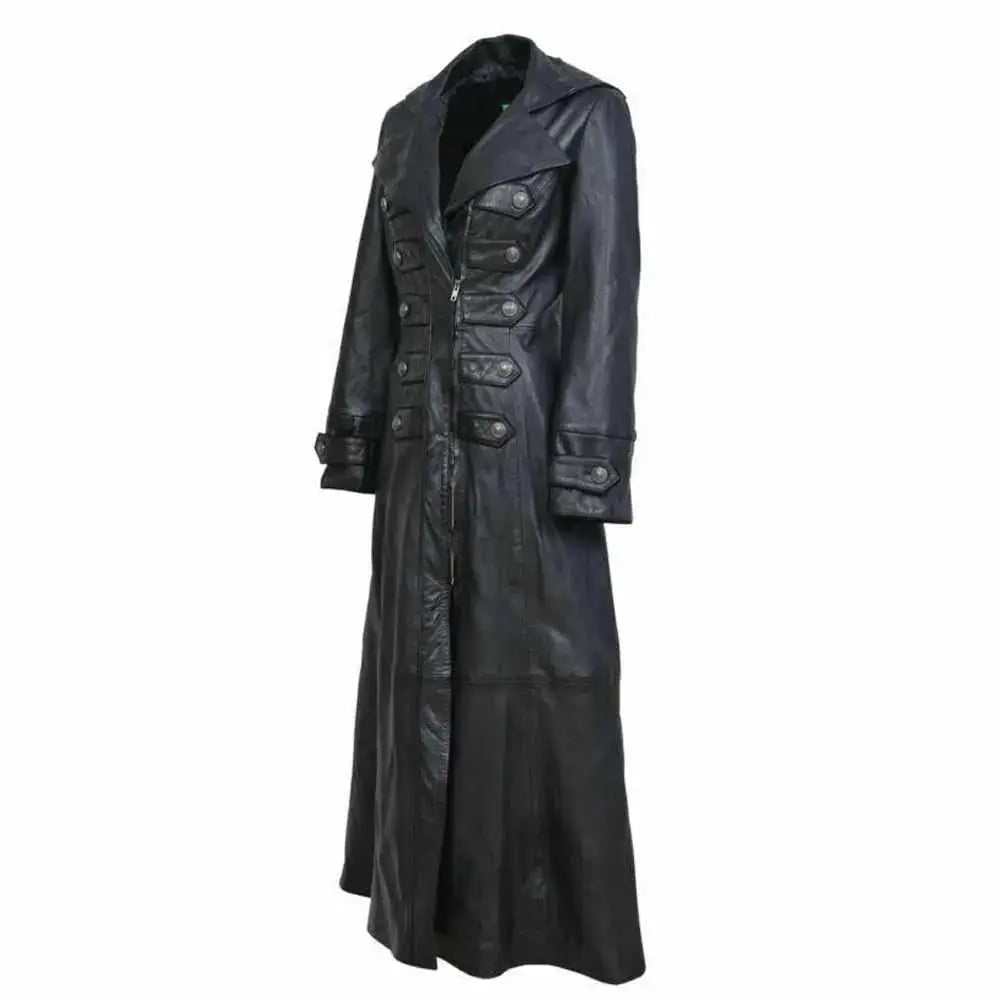 Women's Black Leather Military Trench Coat