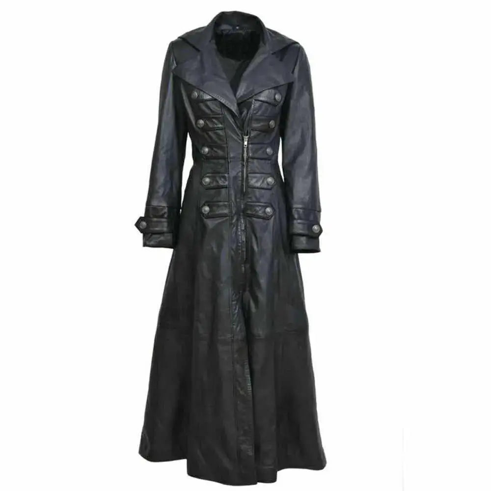 Women's Black Leather Military Trench Coat