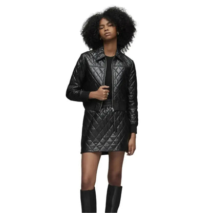 Women’s Black Quilted Leather Bomber Jacket