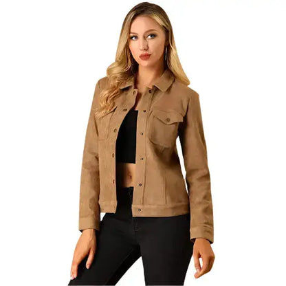 Women’s Brown Button Suede Leather Jacket