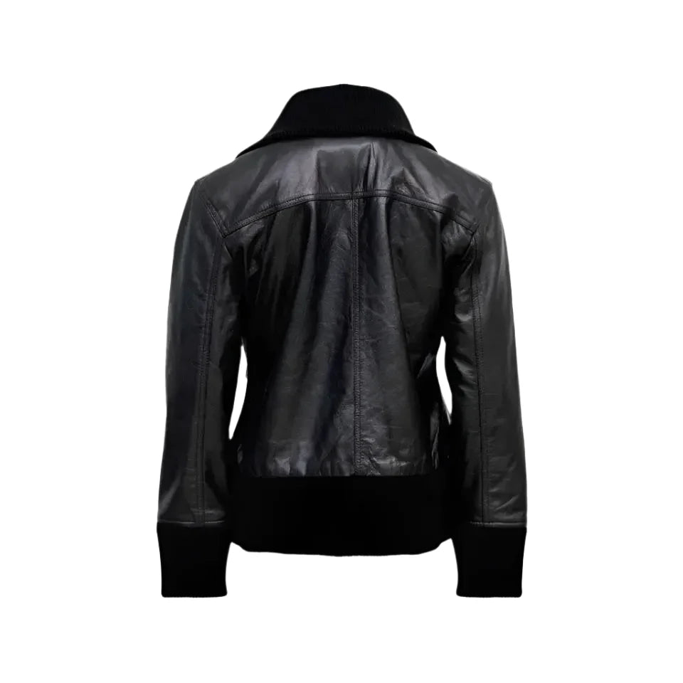 Women’s Black Leather Four-Pocket Bomber Jacket