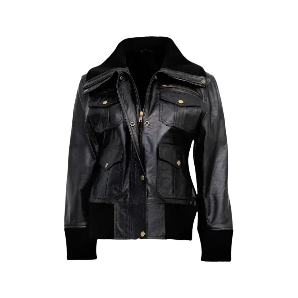 Women’s Black Leather Four-Pocket Bomber Jacket