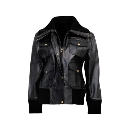 Women’s Black Leather Four-Pocket Bomber Jacket
