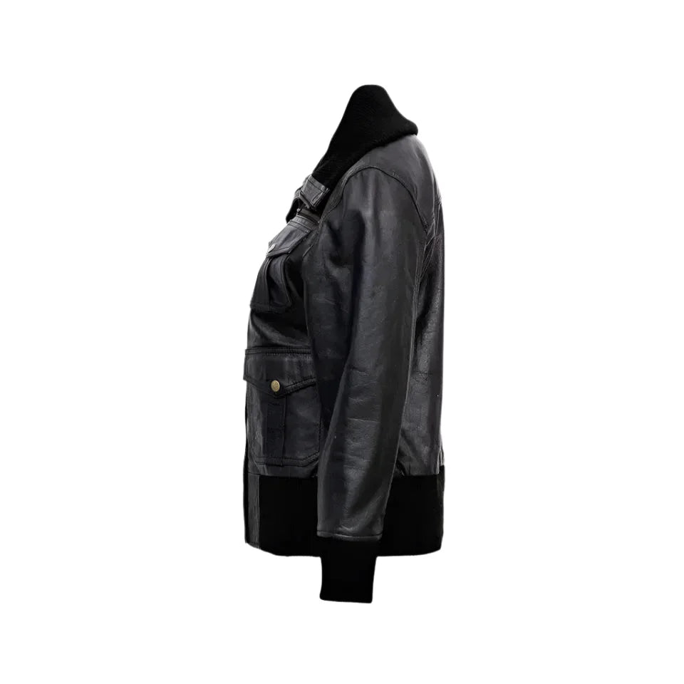 Women’s Black Leather Four-Pocket Bomber Jacket