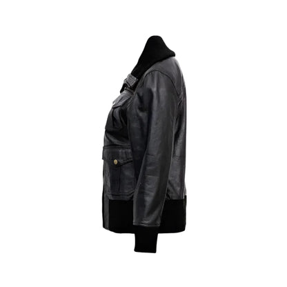 Women’s Black Leather Four-Pocket Bomber Jacket