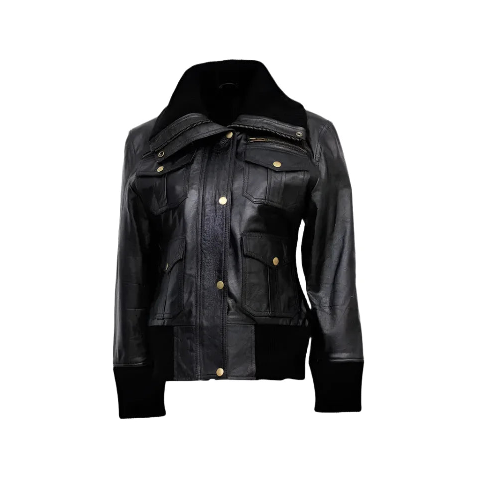 Women’s Black Leather Four-Pocket Bomber Jacket