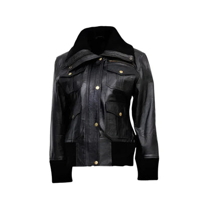 Women’s Black Leather Four-Pocket Bomber Jacket
