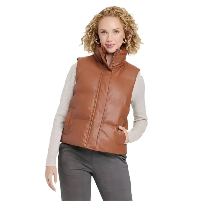 Women’s Tan Brown Leather Puffer Vest