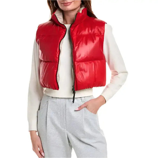 Women's Red Lambskin Leather Short Puffer Vest