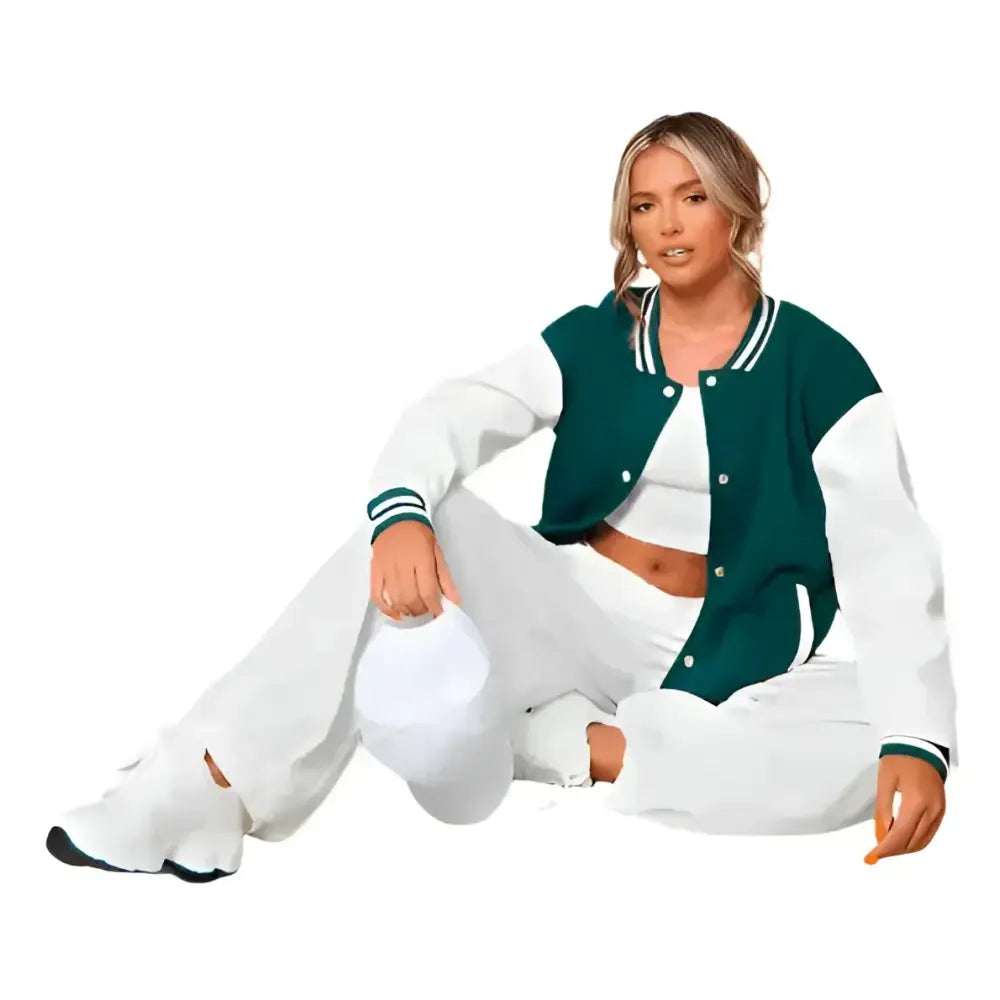 Women's Sea Green Varsity Leather Bomber Jacket
