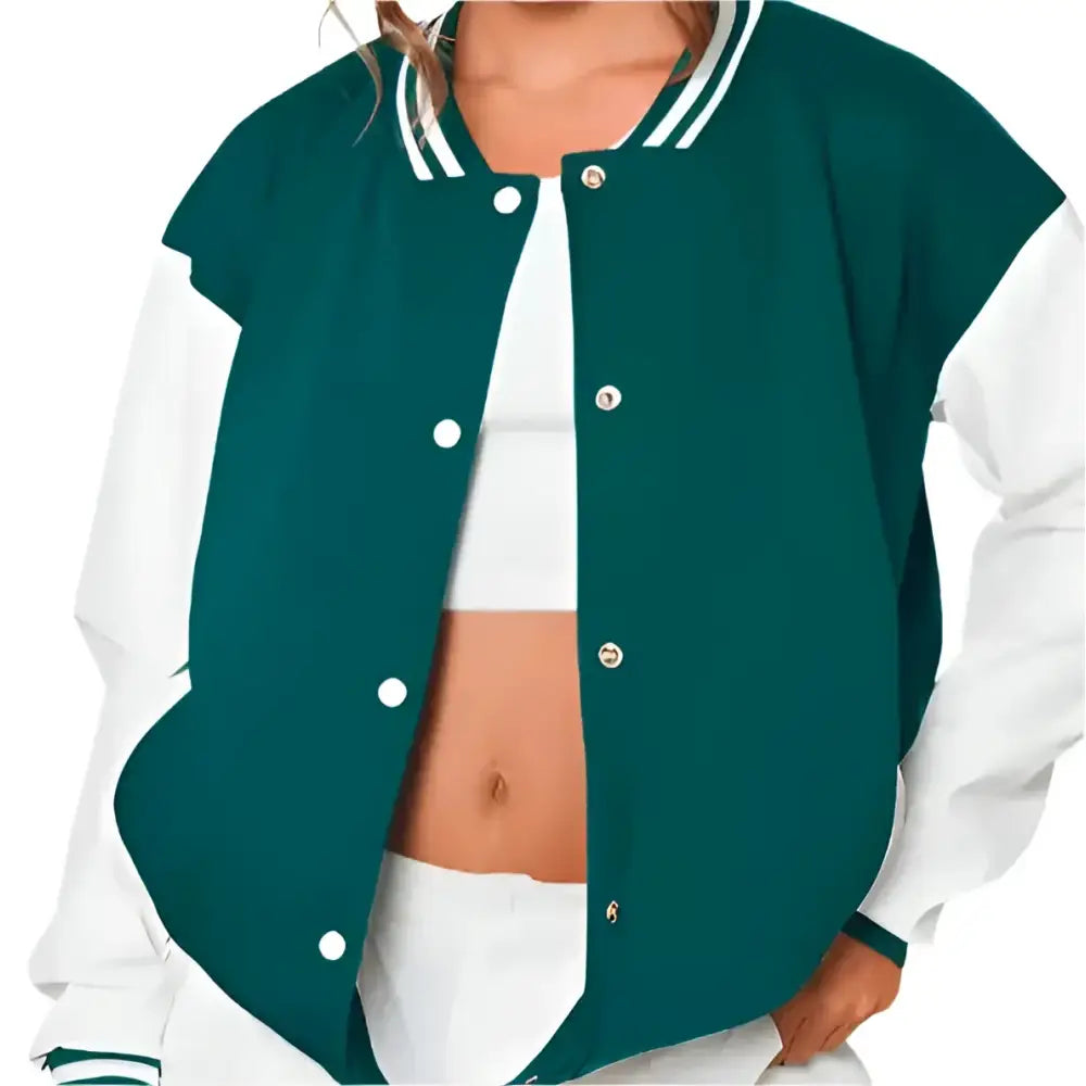 Women's Sea Green Varsity Leather Bomber Jacket