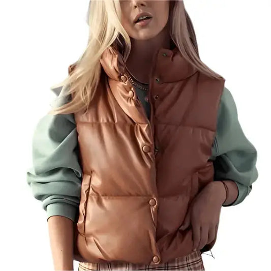 Women’s Tan Brown Leather Puffer Vest