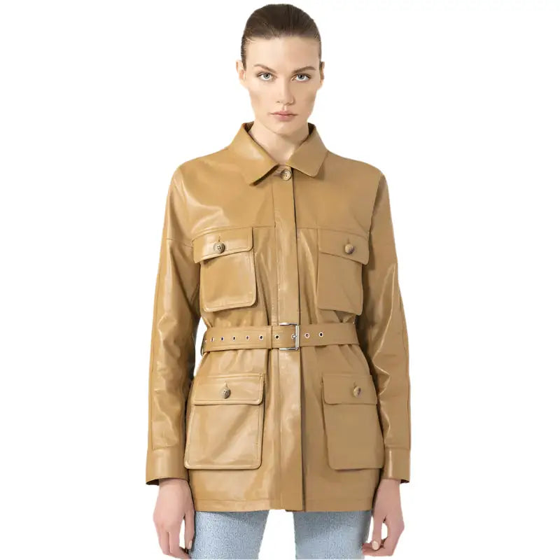 Women’s Tan Leather Belted Style Coat